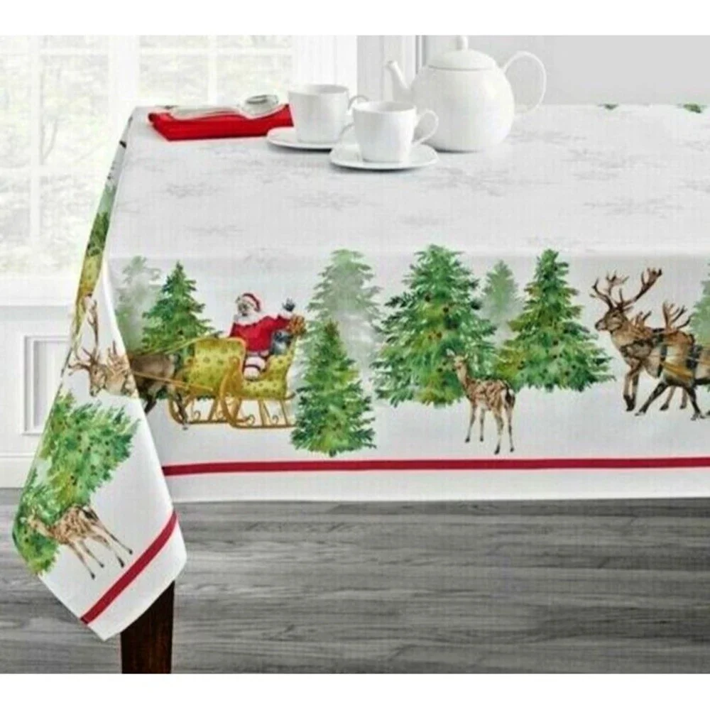Christmas Santa's Sleigh Border Tablecloth Fabric 60x84 Oblong Jacquard Reindeer